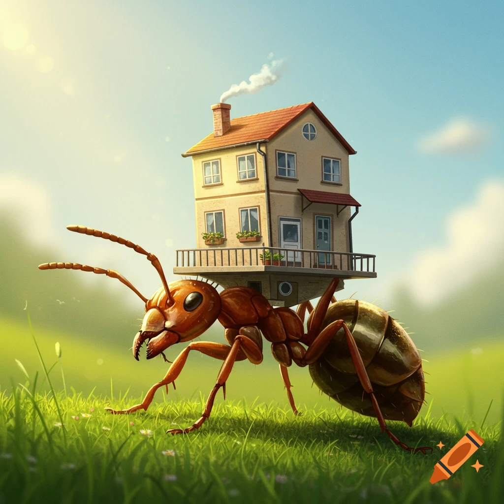A giant ant carries a small house on its back through grass.