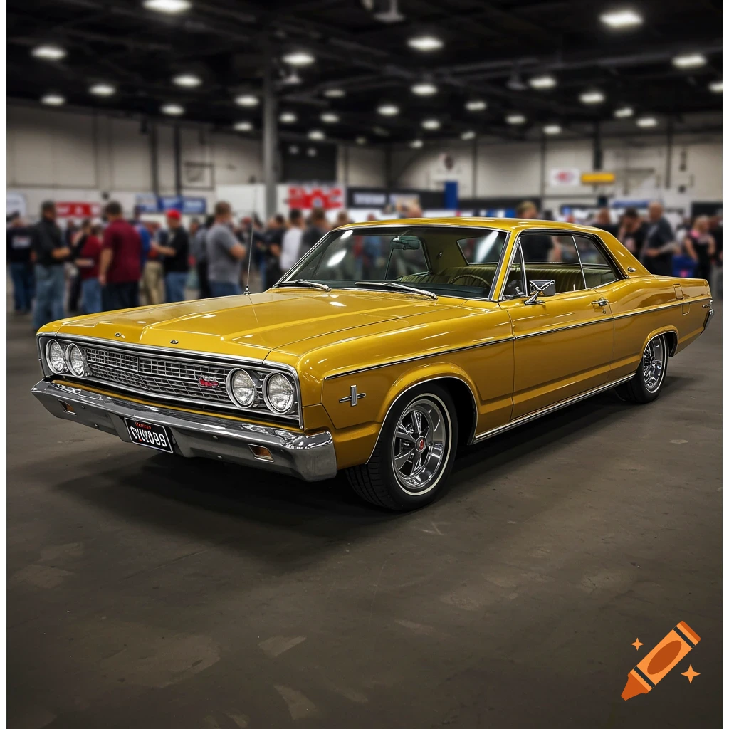 A gold classic Ford car parked indoors, likely at a car show, with a crowd in the blurry background.