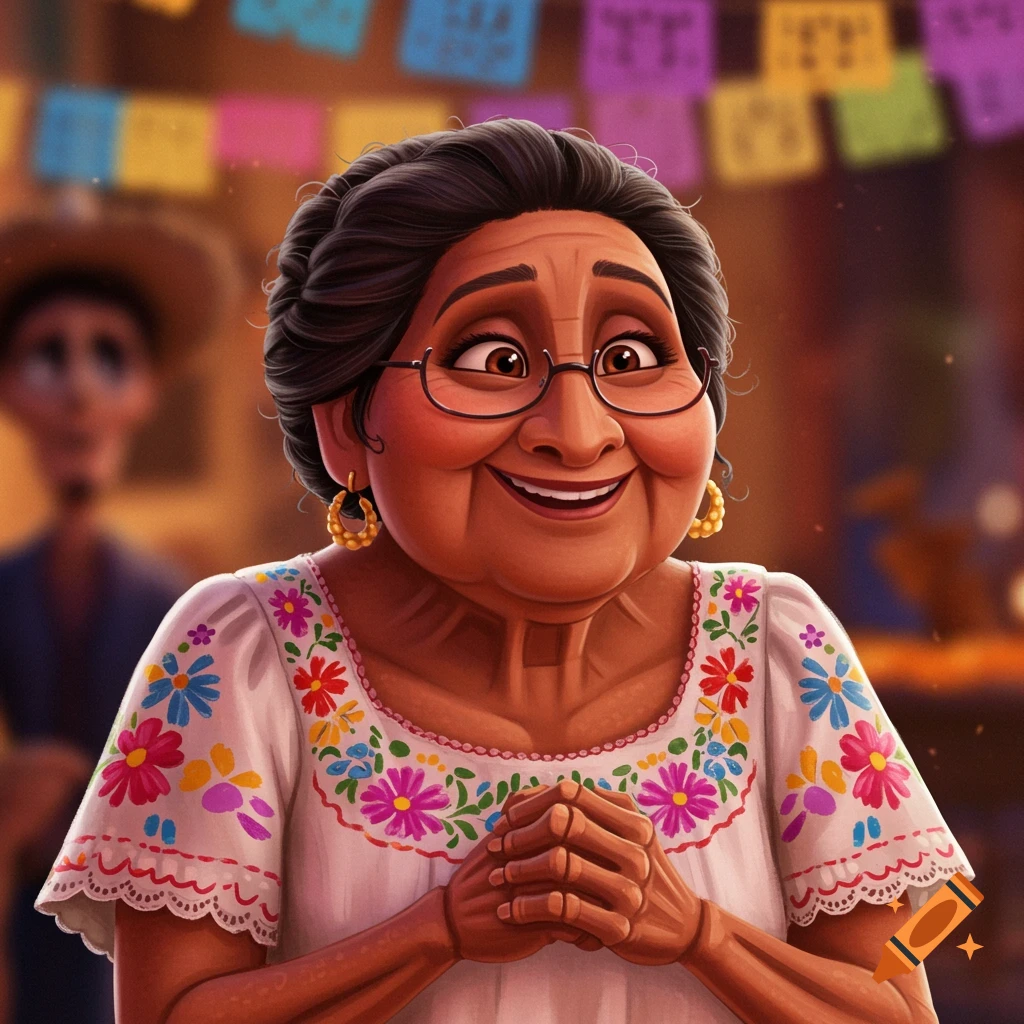 Mama Coco from Coco, smiling in an embroidered dress with clasped hands.