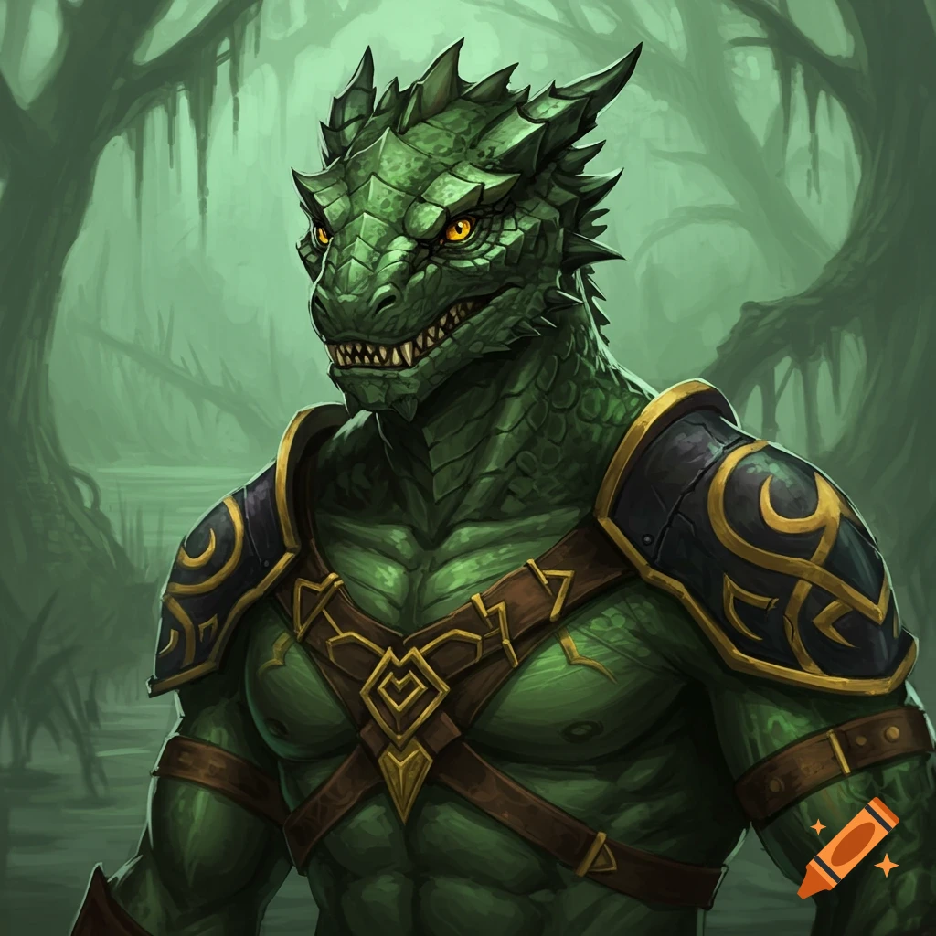 A green reptilian creature in fantasy armor in a swampy forest