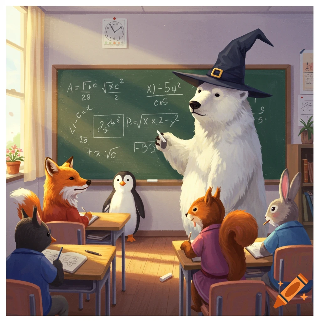 a polar bear in a witch hat teaching math to a class of animal students (fox, penguin, squirrel, rabbit).