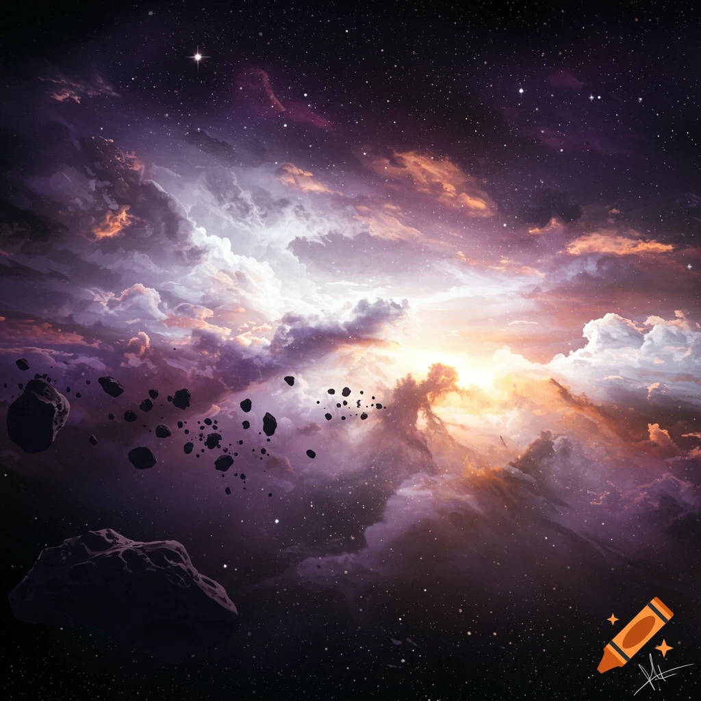Animated outer space nebula with asteroids in purple, white, and orange colors with stars