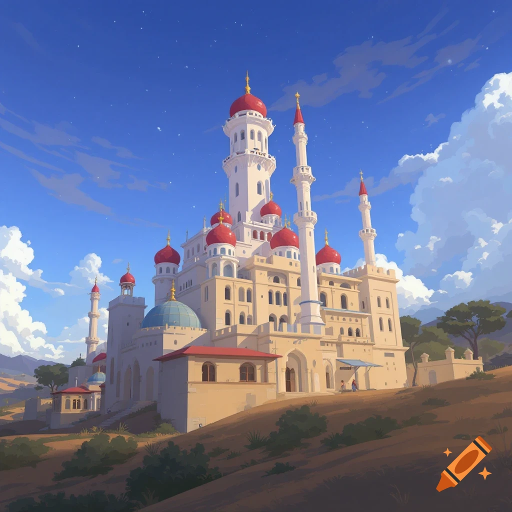Elaborate fantasy building on a hill.