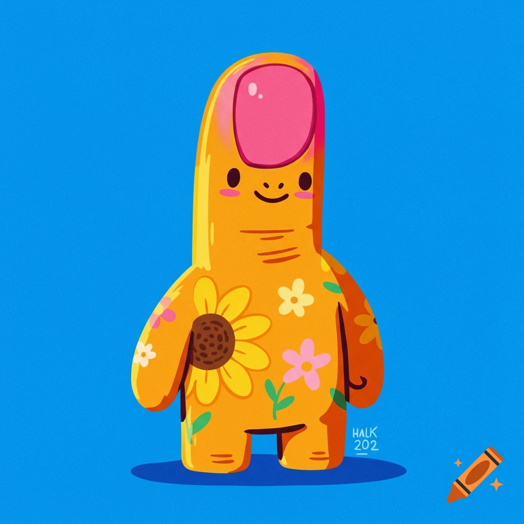 A cute, yellow cartoon character shaped like a finger, decorated with flowers, standing on a blue background.