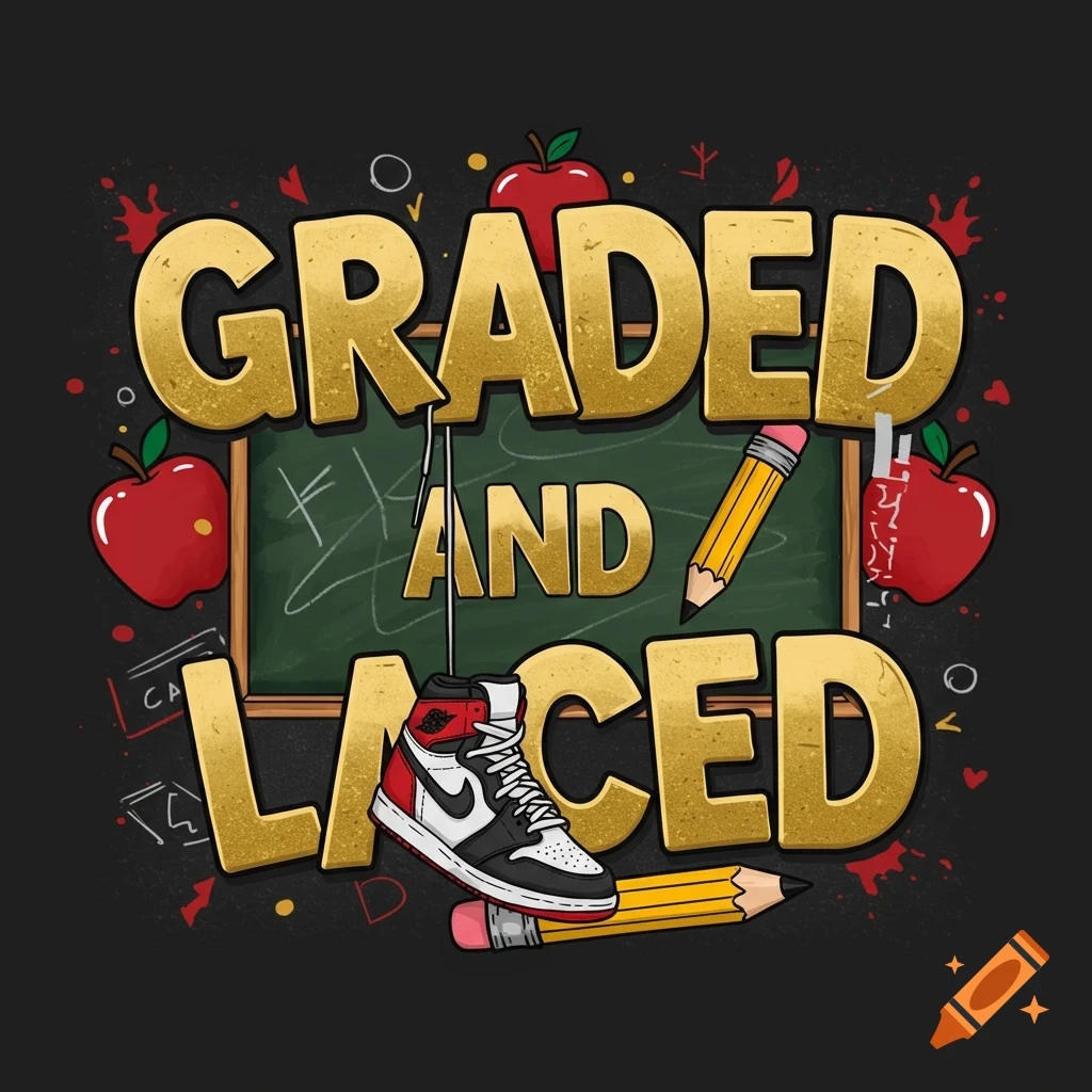 Graphic logo with gold text "GRADED AND LACED," apples, pencils, a chalkboard, and a sneaker in an urban style.