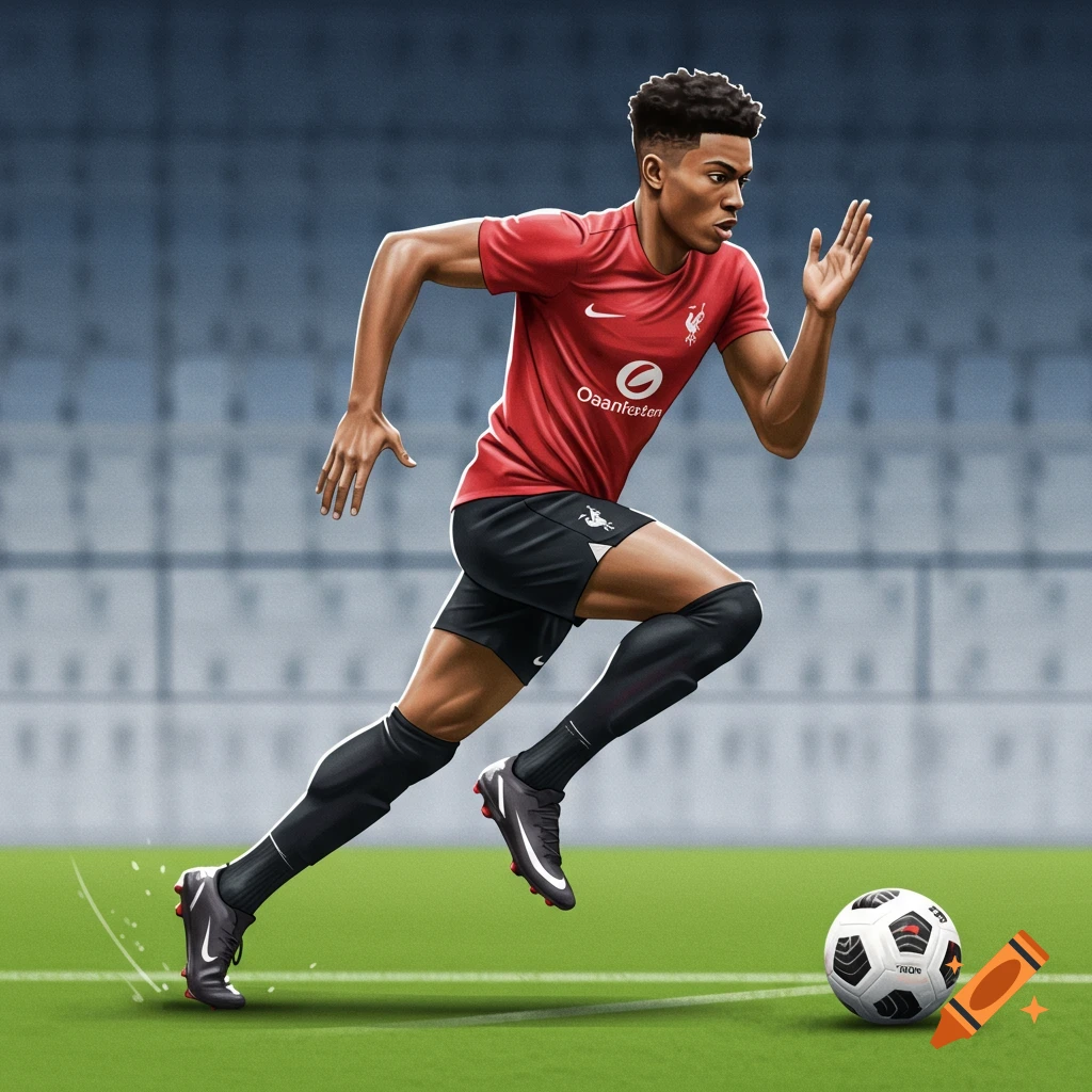Illustration of a soccer player in a red shirt running with a ball on a field.