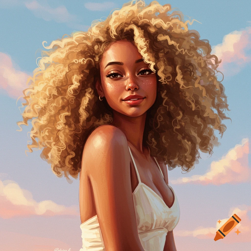 A woman with curly blonde hair wears a white sundress while standing outside under a cloudy sky.
