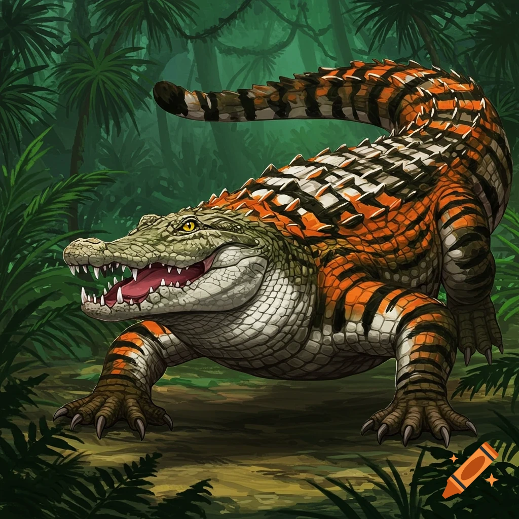 Creature with an alligator body and tiger stripes in a jungle.