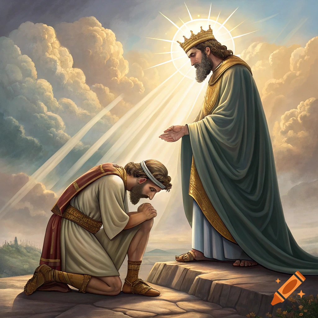 A man kneels before a crowned figure bathed in divine light.