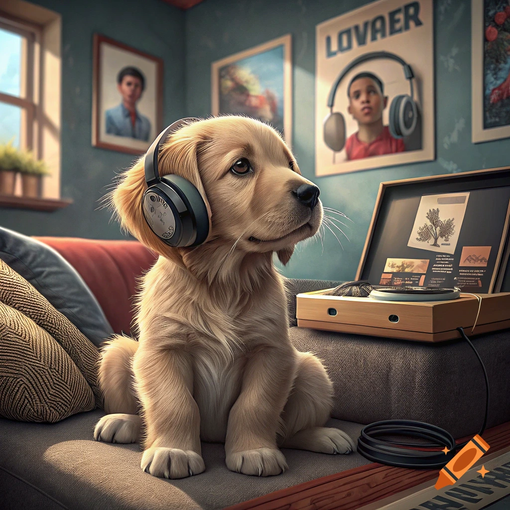 Photorealistic image of a golden retriever puppy wearing headphones next to a record player on a couch.