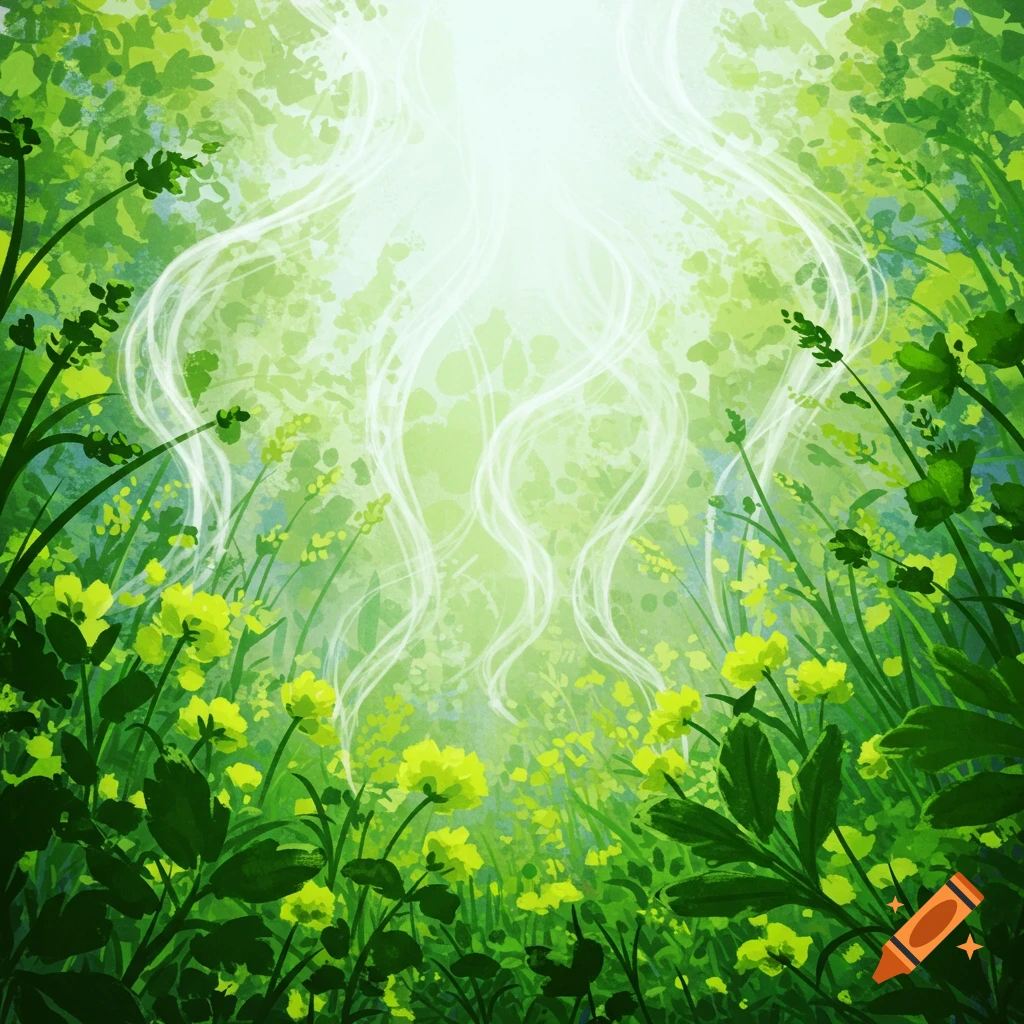 A lush forest floor with yellow flowers, green leaves, and ethereal white light rays shining down from above.