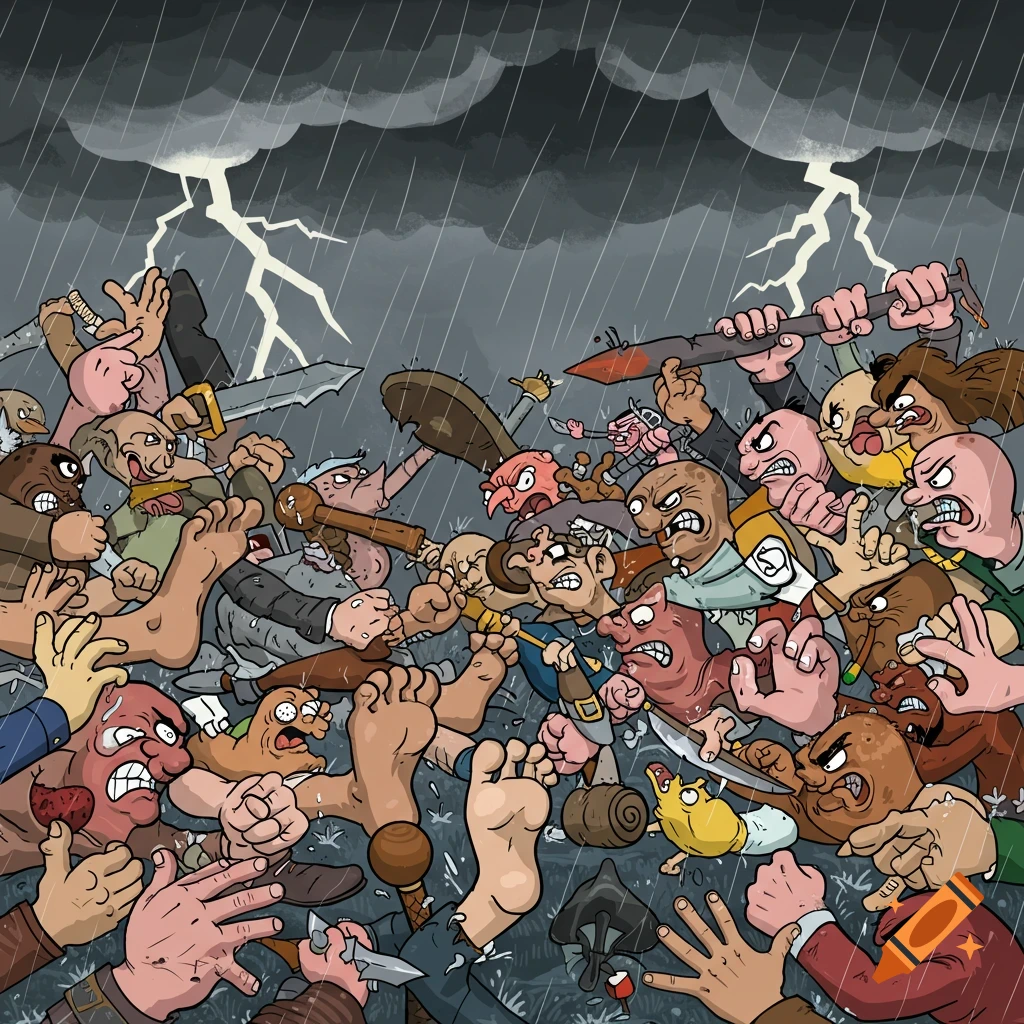 Cartoon feet fighting hands in a battle under a stormy, lightning-filled sky.