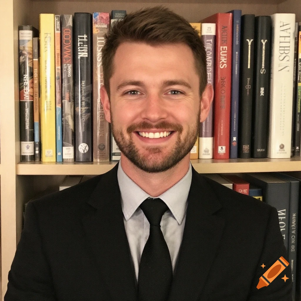 Portrait of a smiling man in a suit standing in front of a bookshelf.