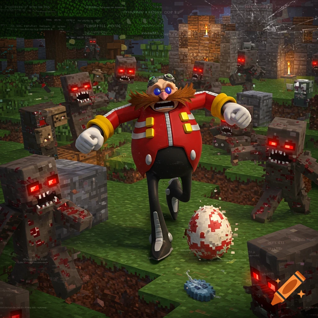 Dr. Eggman is chased by Minecraft zombies in a blocky landscape with stylized text elements.