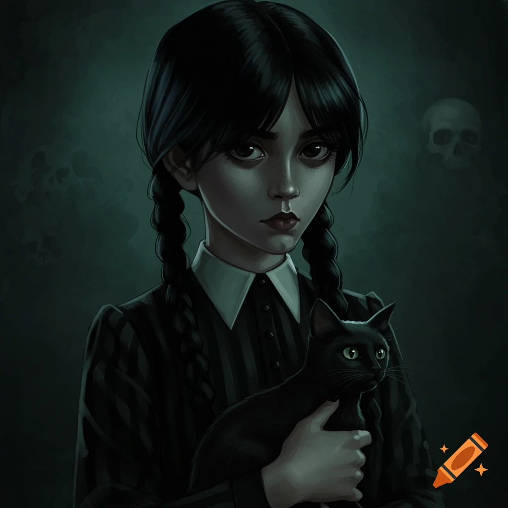A young girl resembling Wednesday Addams holds a black cat in a dark, gothic setting.