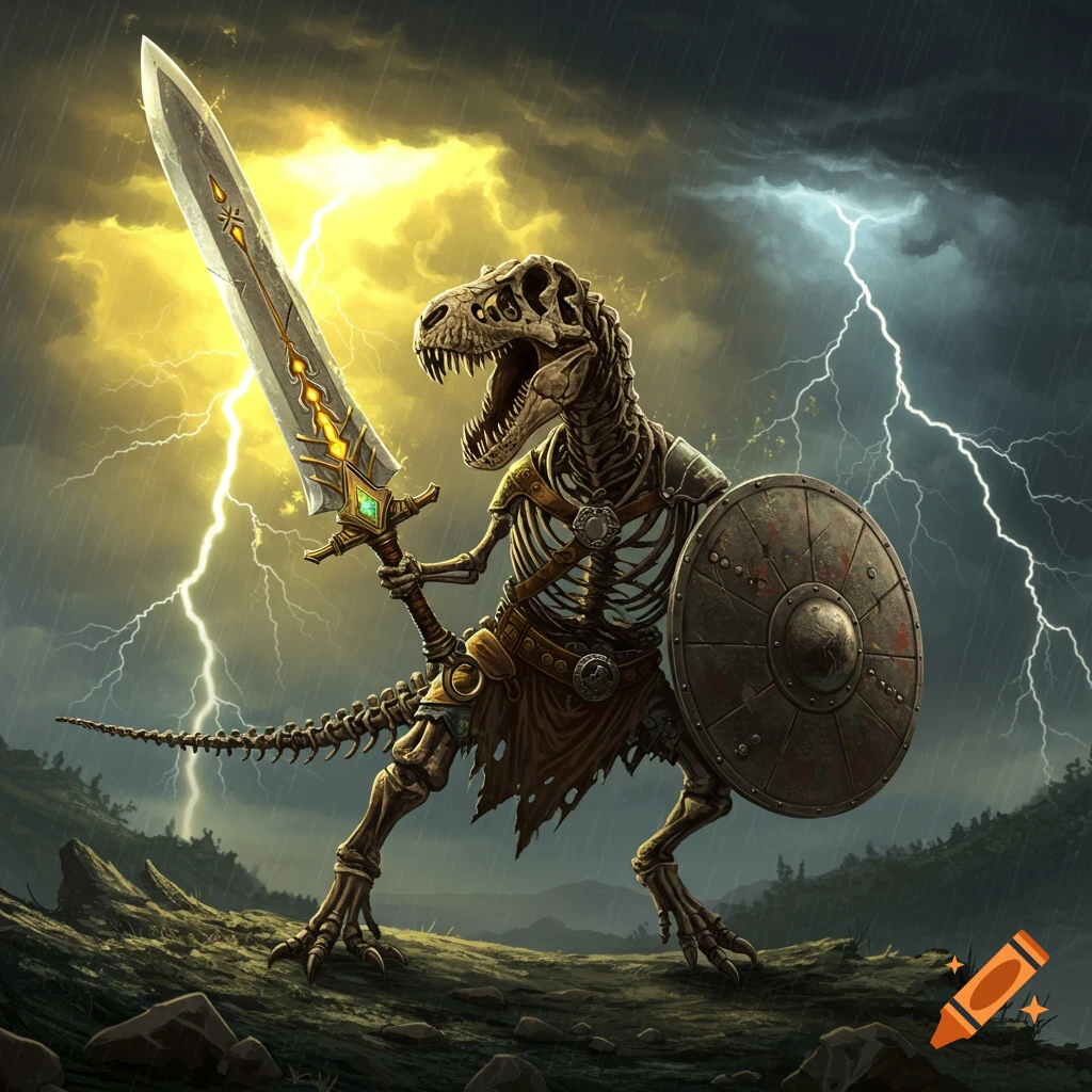 A dinosaur skeleton warrior holds a sword and shield during a lightning storm
