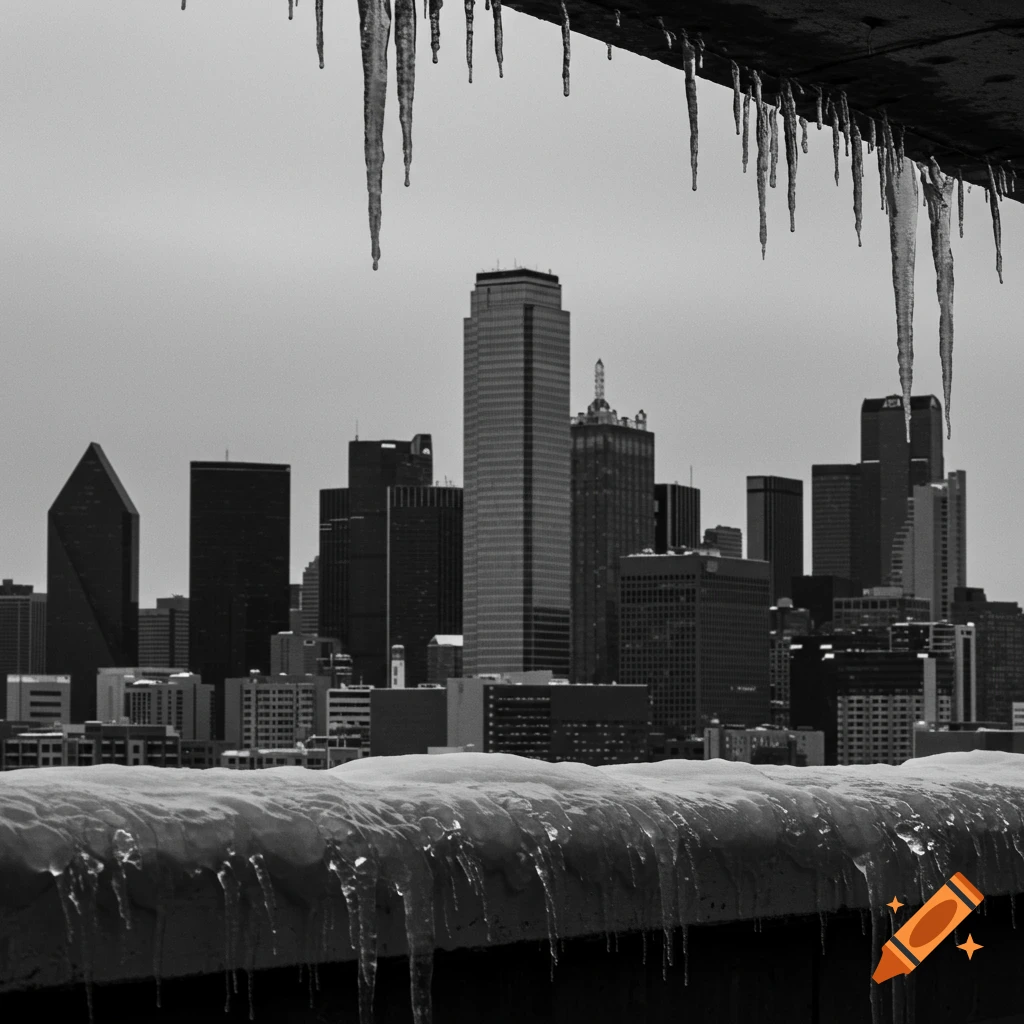Black and white photo of the Dallas skyline seen behind snow and icicles.