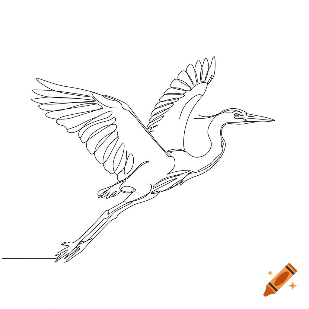 Continuous line drawing of a blue heron flying