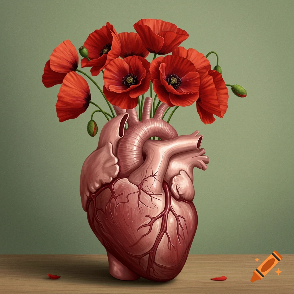An anatomical heart is used as a vase holding red poppies on a wooden surface.