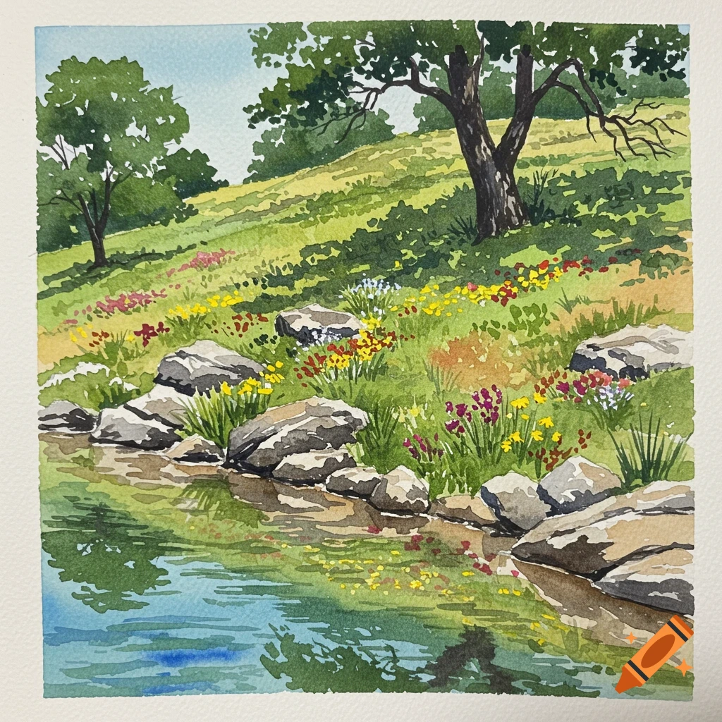 Watercolor painting of a hillside landscape with rocks, flowers, trees, and water.