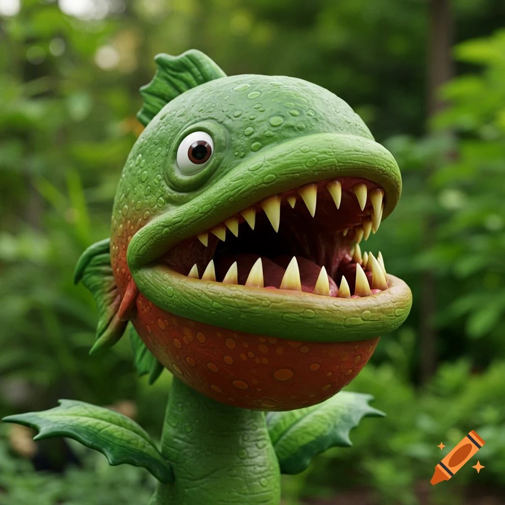Realistic render of the green monster Petey Piranha with sharp teeth in a garden.