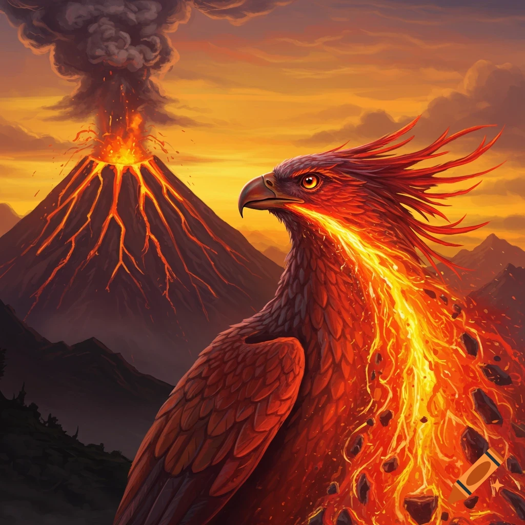 A fiery phoenix with lava erupting from its beak, in front of an erupting volcano landscape.