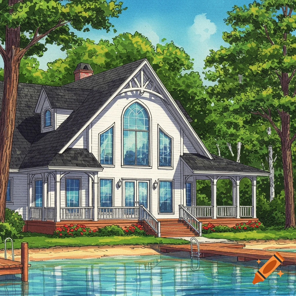 A white lakeshouse with a dock on the shore.