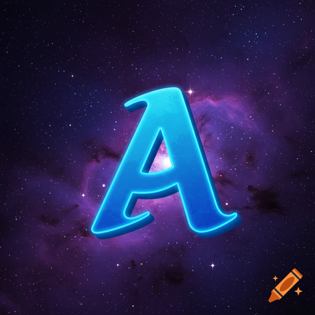 A stylized blue letter A glows against a space background with stars and a nebula.