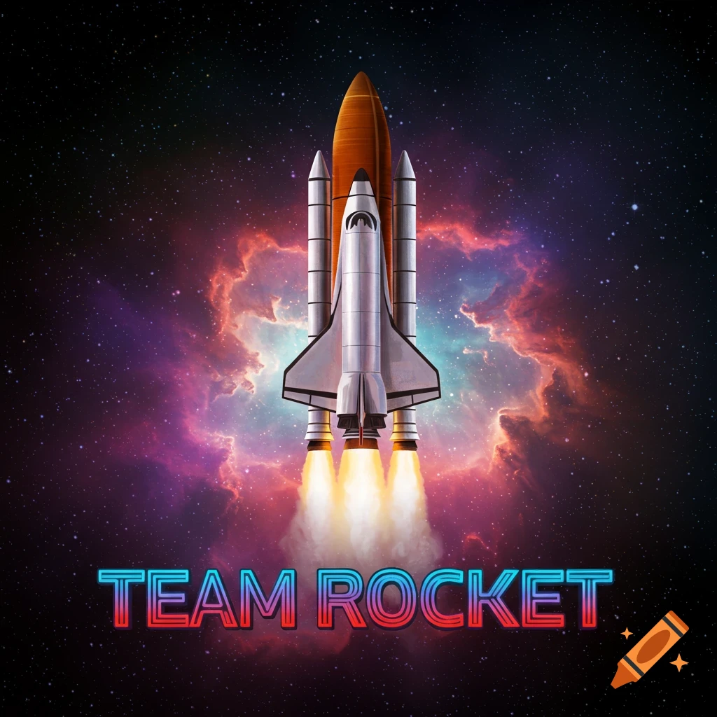 A space shuttle launches in front of a colorful nebula with the text TEAM ROCKET below.