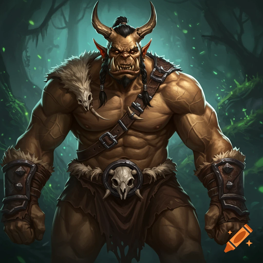 A powerful orc with horns, tusks, and armor stands in a forest.