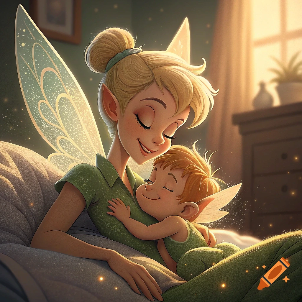 Tinkerbell holds a child gently, both sleeping in a sunlit room.