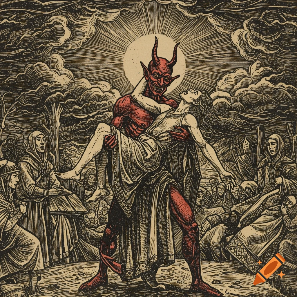A red devil carries a person in a woodcut style illustration with a crowd in the background.