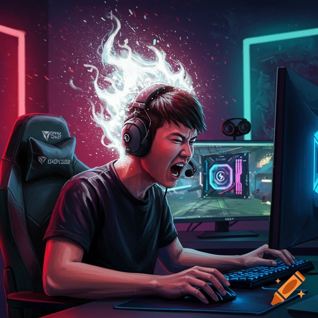 An intense gamer playing on a PC with white flames rising from his head.