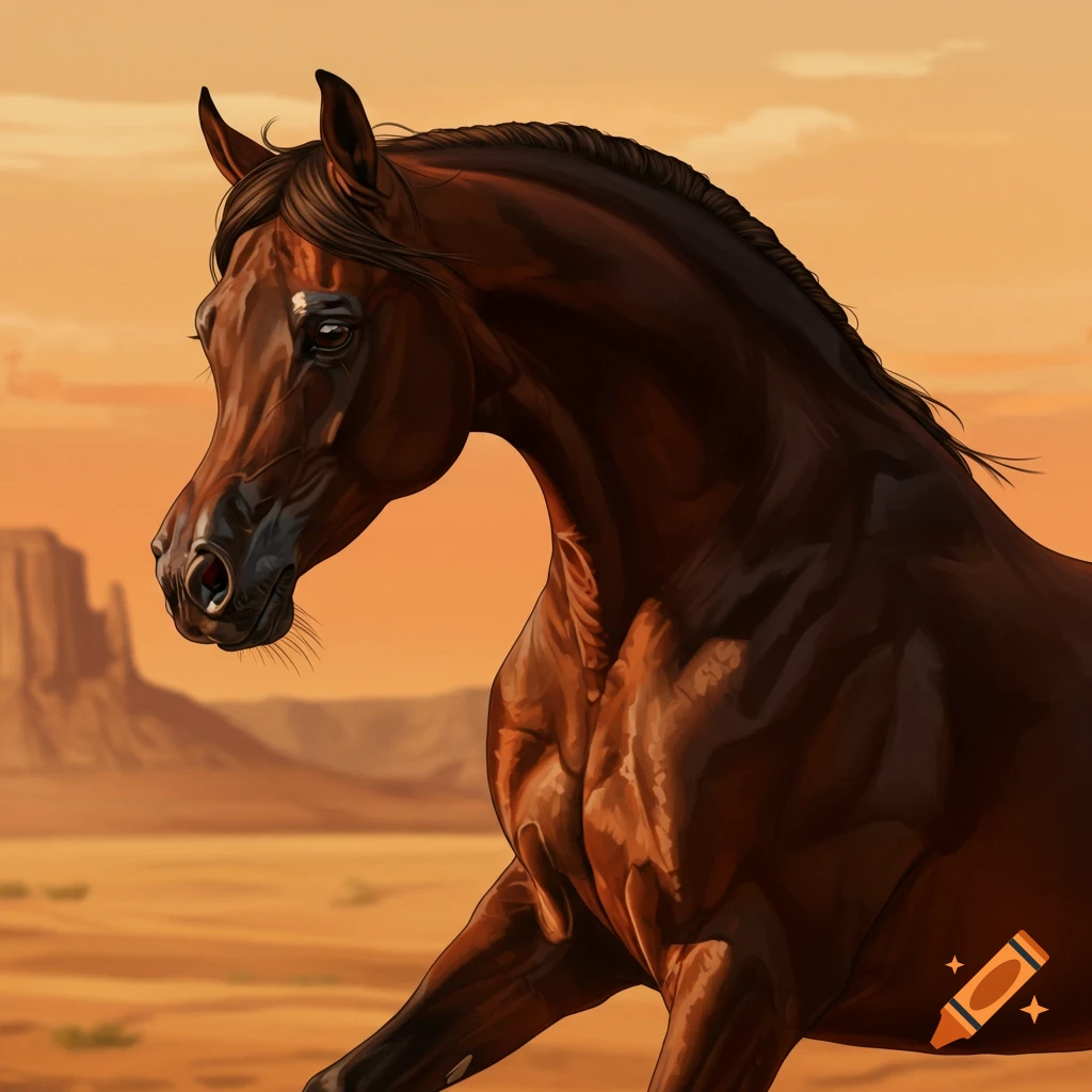 A brown horse stands in a desert landscape.