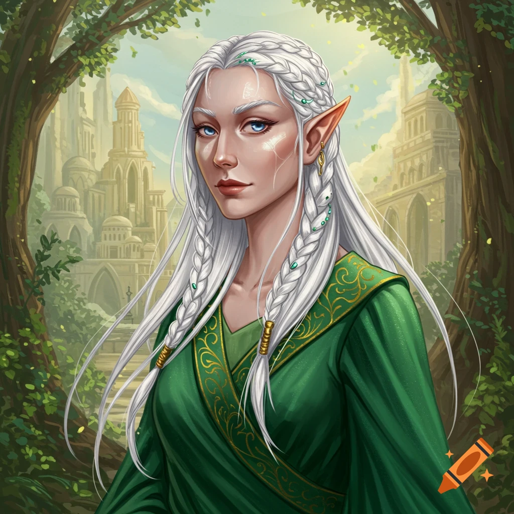 An elf woman with white braided hair in a green dress stands in a forest with a castle behind her.