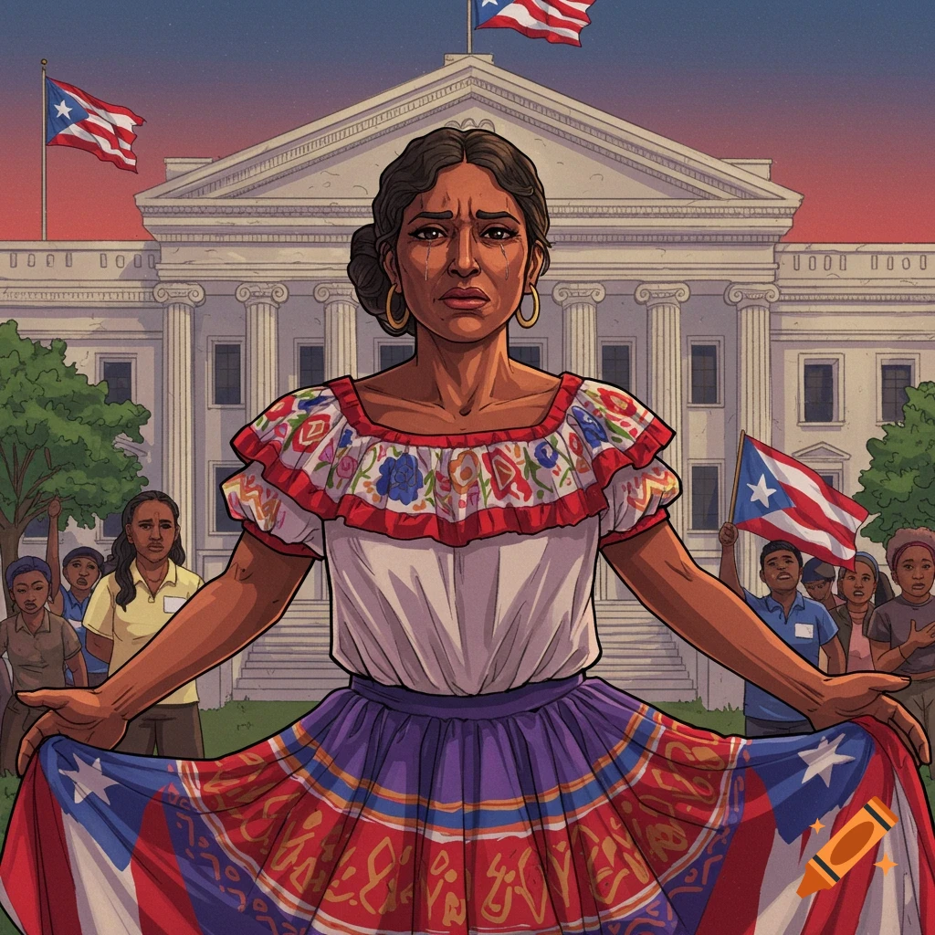 A Puerto Rican woman in traditional dress stands for justice in front of a building, with flags and a crowd.
