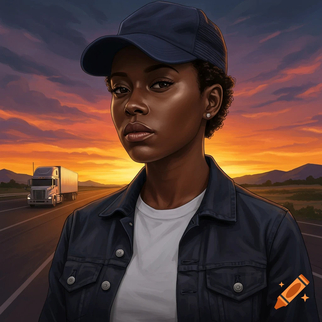 A Black female truck driver stands by a road at sunset with a truck ...