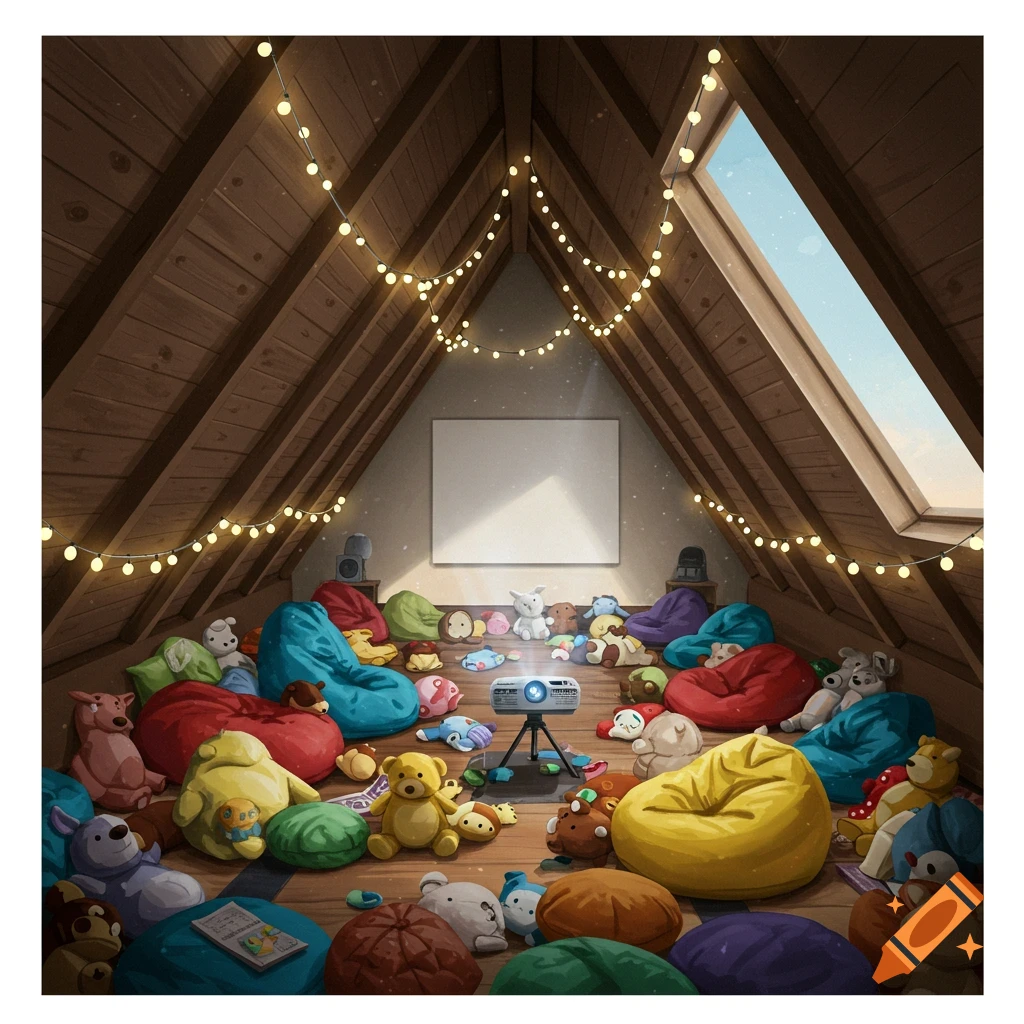 An attic room filled with stuffed animals and bean bags watching a movie projected onto a screen, illustration.