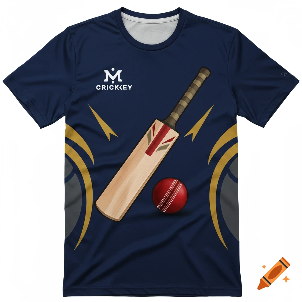 Navy blue t-shirt with cricket bat, ball, and logo design