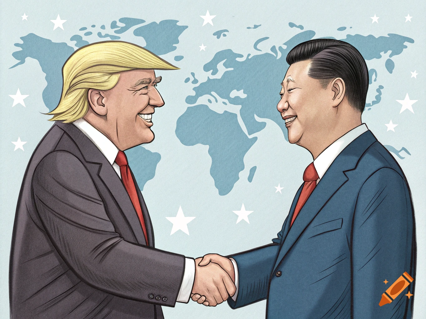 Cartoon illustration of Donald Trump and Xi Jinping shaking hands in front of a world map background
