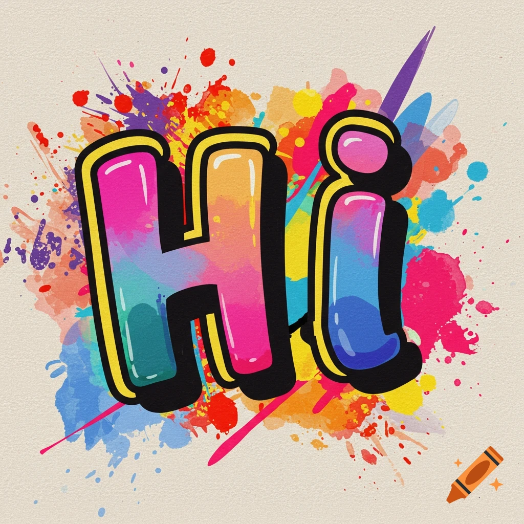 The word HI in colorful bubble letters with paint splatters