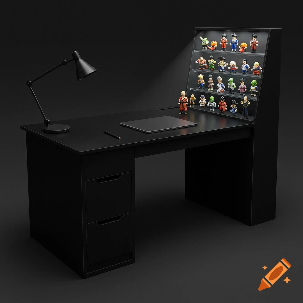 A black desk with a lamp and a display shelf holding Dragon Ball action figures, digital render.