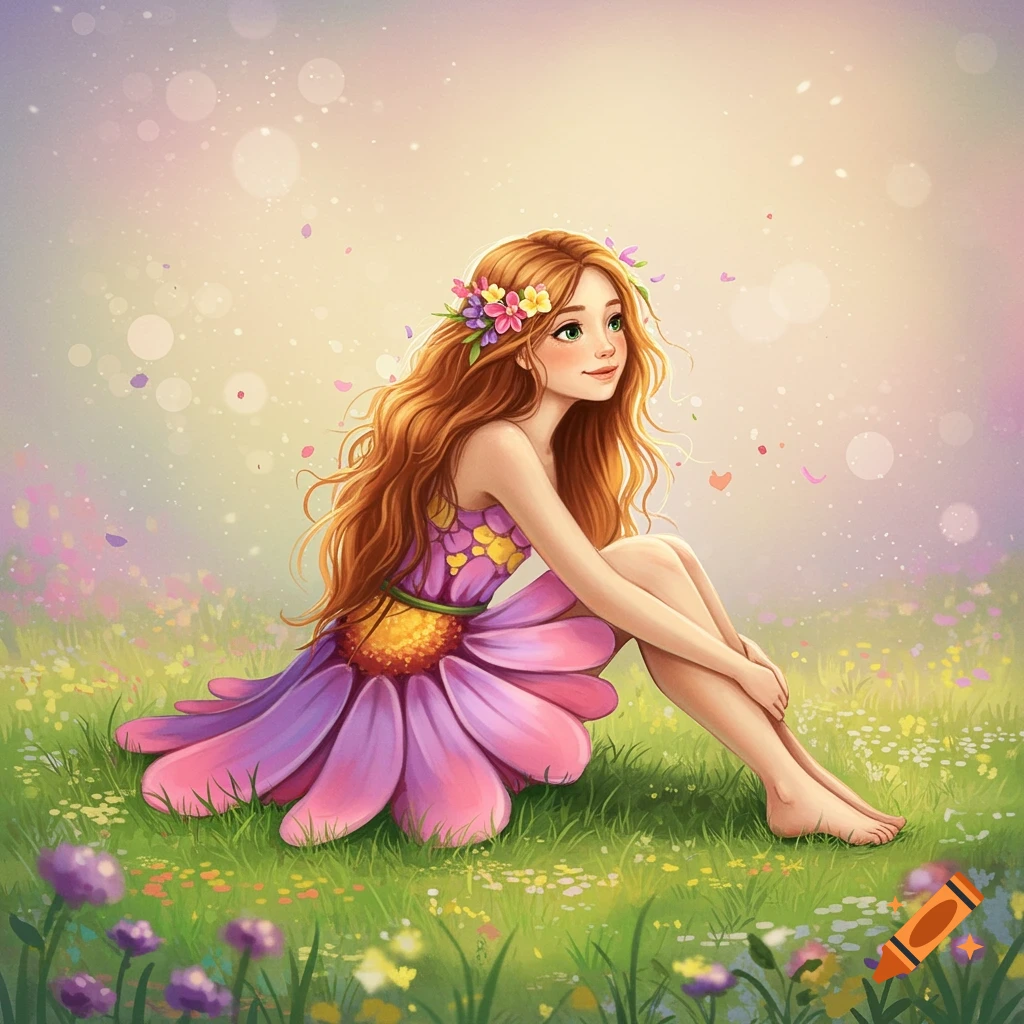 A girl in a flower dress sitting in a meadow.