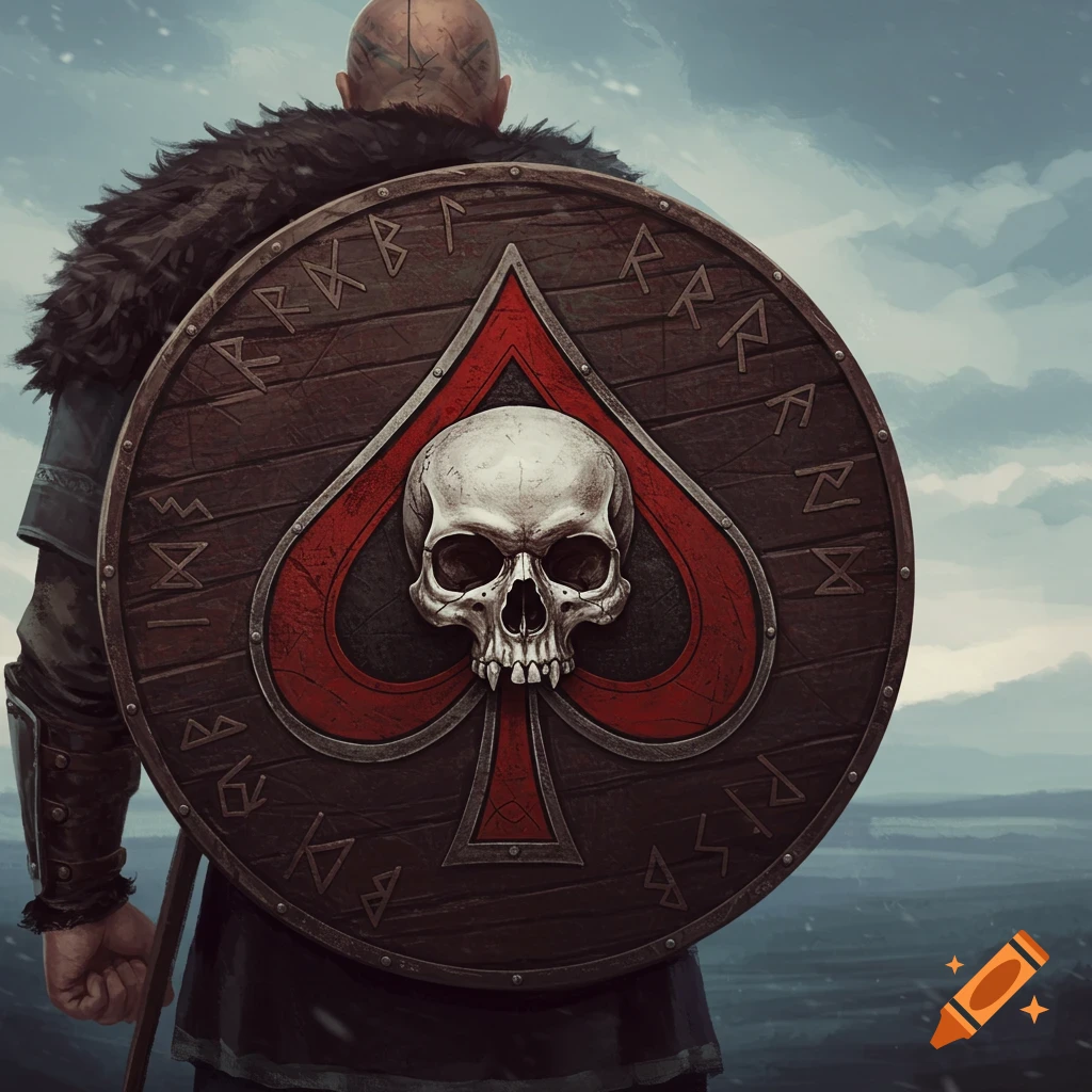 A viking seen from behind, holding a shield with a red spade symbol and a skull in the center.