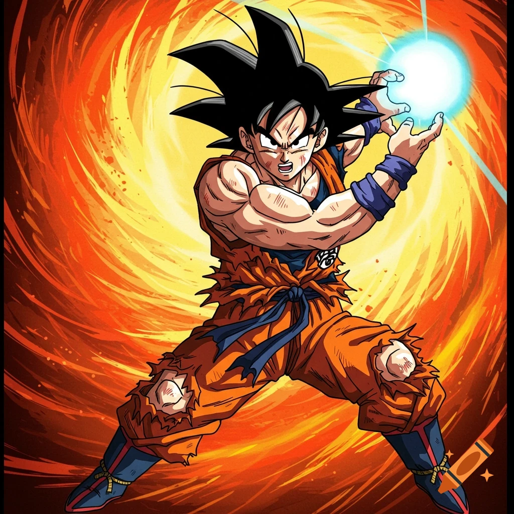 Goku in orange gi prepares a blue energy attack against an orange swirling background.