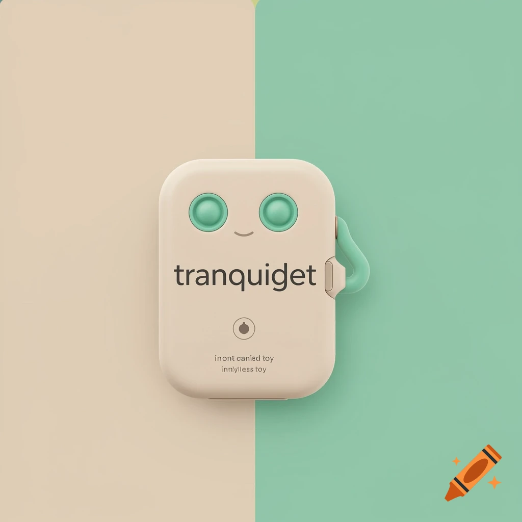 Minimalist design of a white gadget with green circles and 'tranquidget' text on a beige and green background.