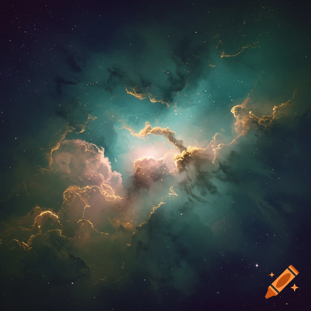An olive green galaxy cloud with pink and gold highlights and stars.