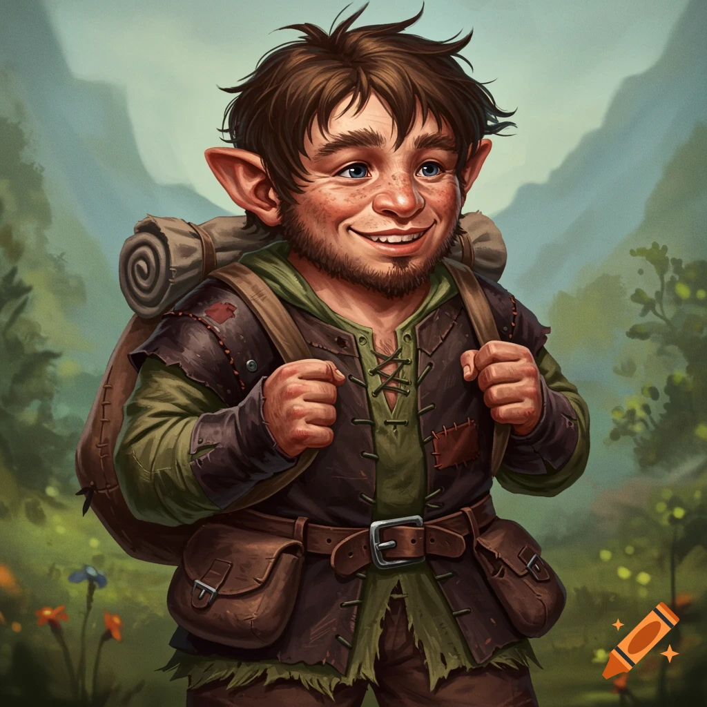 A smiling Halfling man with a backpack in a fantasy landscape.