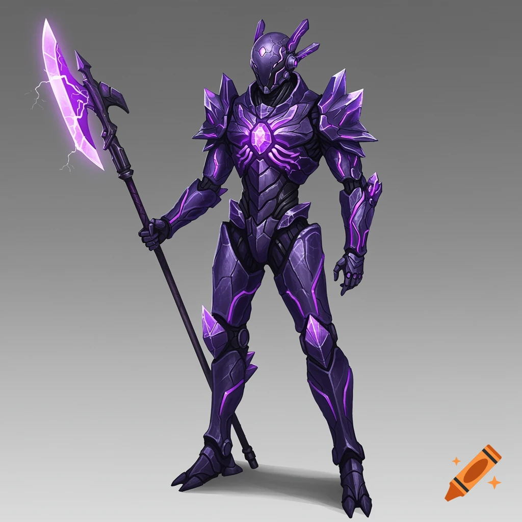 A purple crystal mech holding a glowing axe.