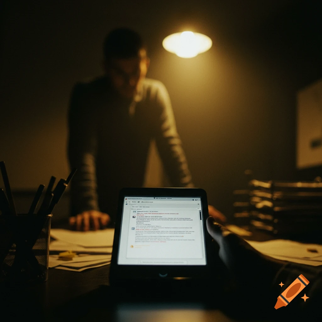 Person holds tablet with blurred text in dark room, figure blurred in background.